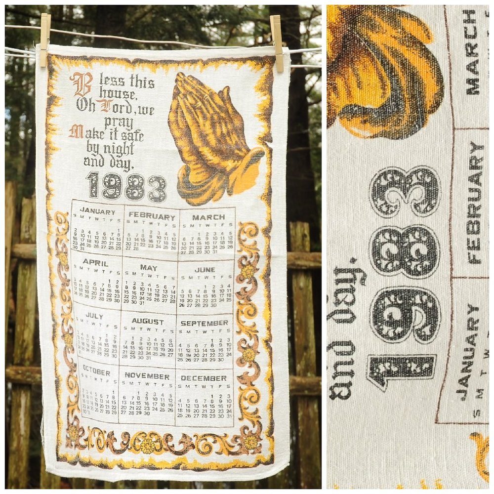 VTG 1983 Bless This House w/ Praying Hands Calendar Towel Birthday Anniversary